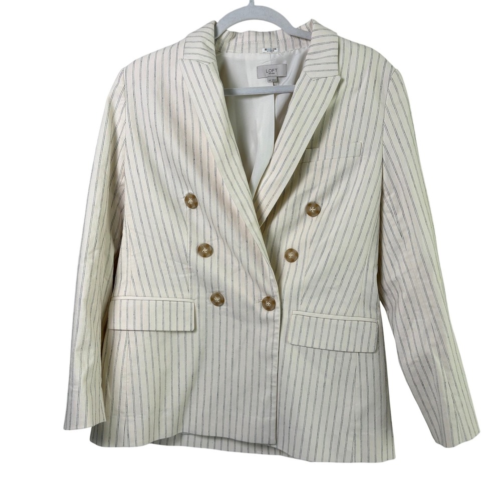 LOFT Blazer Petite 10 10P Cream Pinstripe Double Breasted Linen Blend Preppy